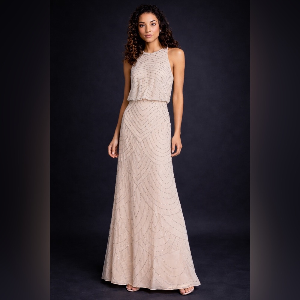 Adrianna Papell Neutral Beaded Blouson Maxi Dress